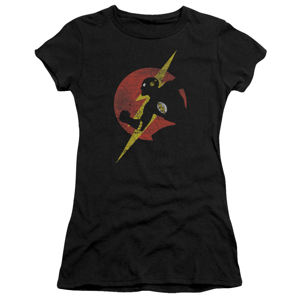 Justice League Flash Symbol Knockout Junior Sheer Cap Sleeve Womens T Shirt Black