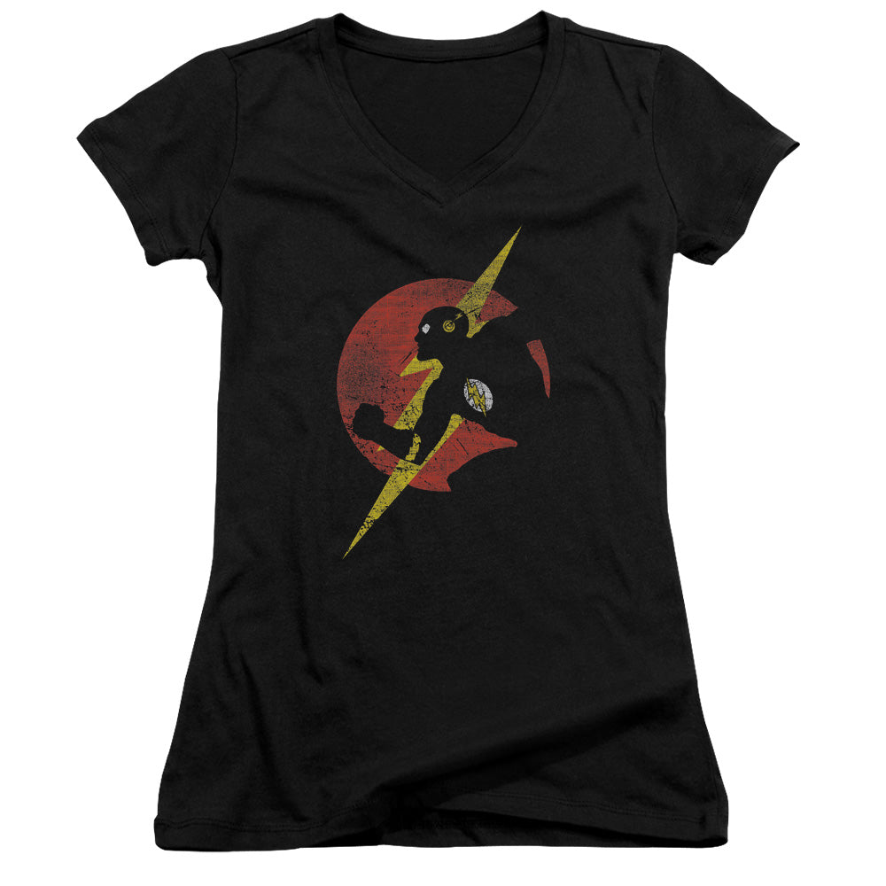 Justice League Flash Symbol Knockout Junior Sheer Cap Sleeve V-Neck Womens T Shirt Black