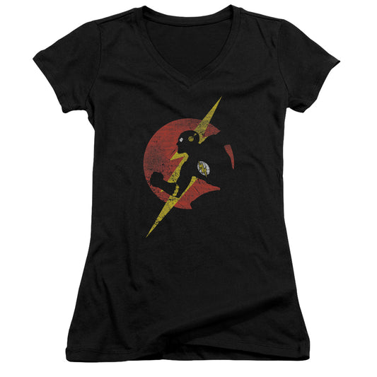 Justice League Flash Symbol Knockout Junior Sheer Cap Sleeve V-Neck Womens T Shirt Black