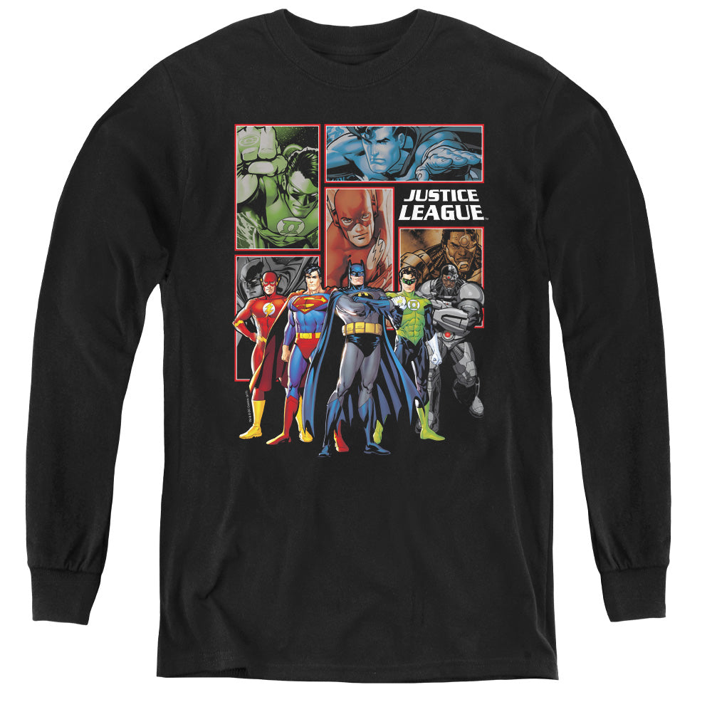 Justice League New Justice League Panels Long Sleeve Kids Youth T Shirt Black