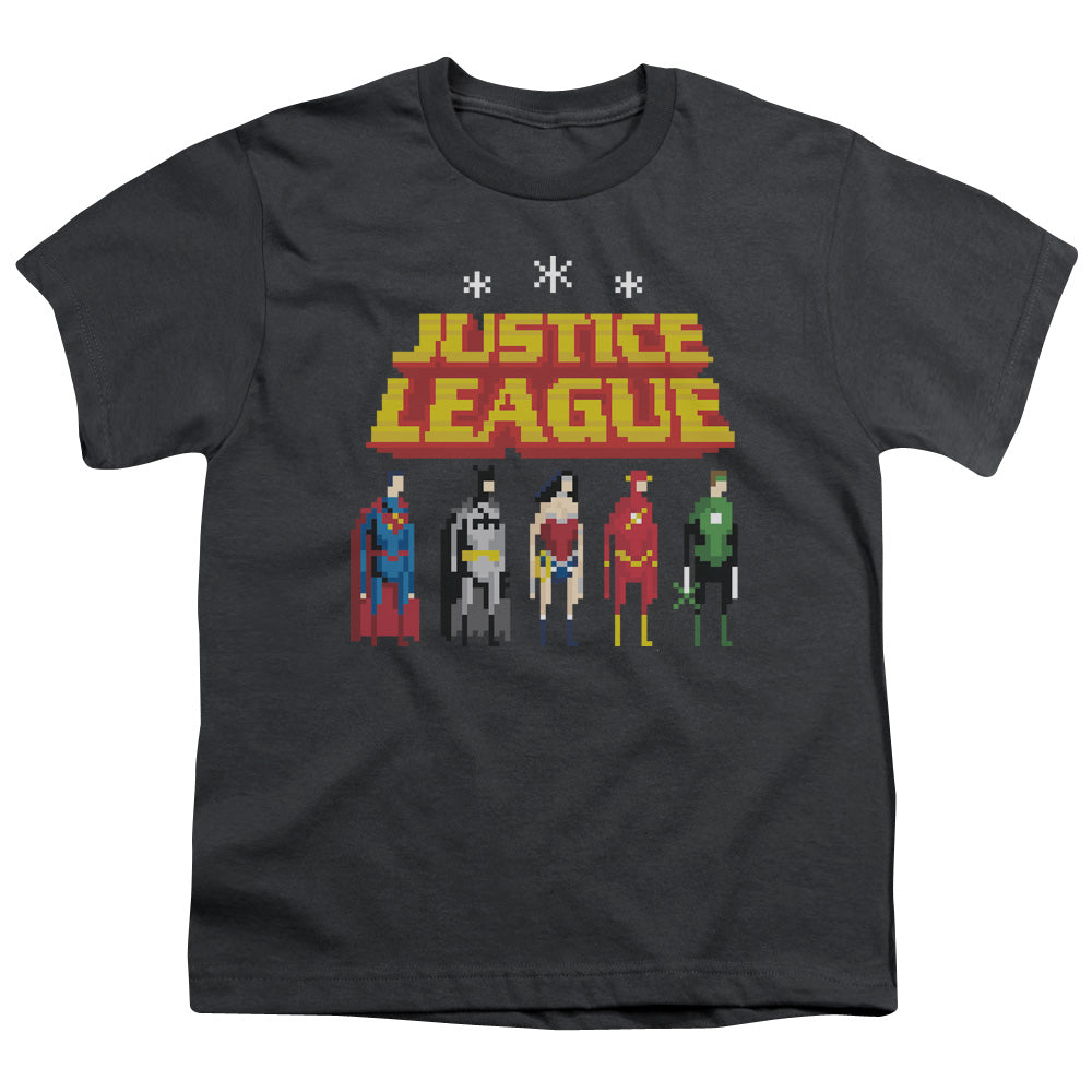 Justice League Standing Below Kids Youth T Shirt Charcoal