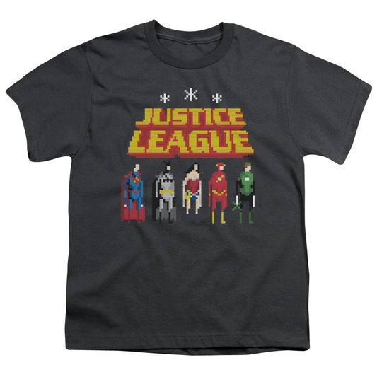Justice League Standing Below Kids Youth T Shirt Charcoal
