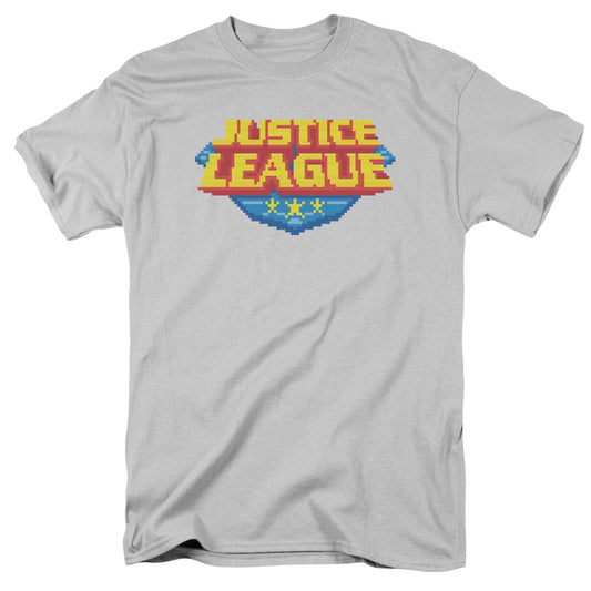 Justice League 8 Bit Logo Mens T Shirt Silver