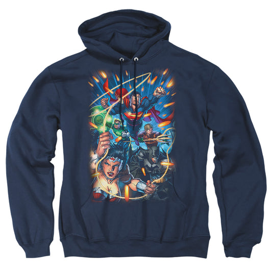 Justice League Of America Under Attack Mens Hoodie Navy Officially Licensed