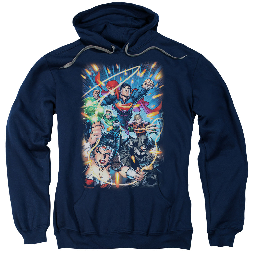 Justice League Under Attack Mens Hoodie Navy Blue