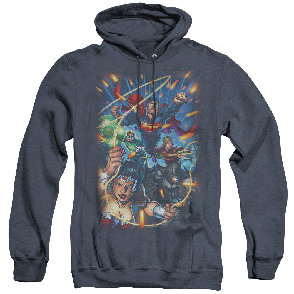 Justice League Of America Under Attack Mens Heather Hoodie Navy Officially Licensed