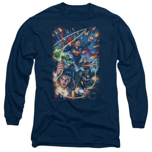 Justice League Under Attack Mens Long Sleeve Shirt Navy Blue