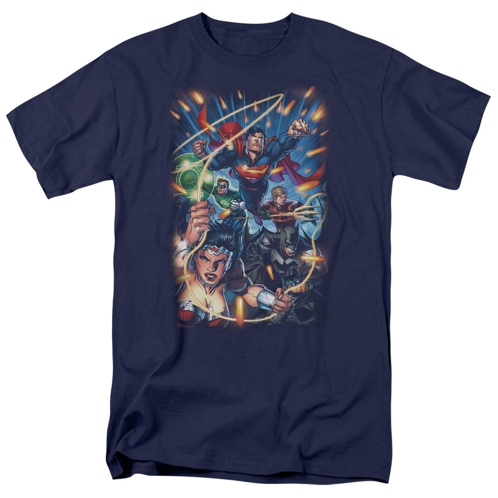 Justice League Under Attack Mens T Shirt Navy Blue