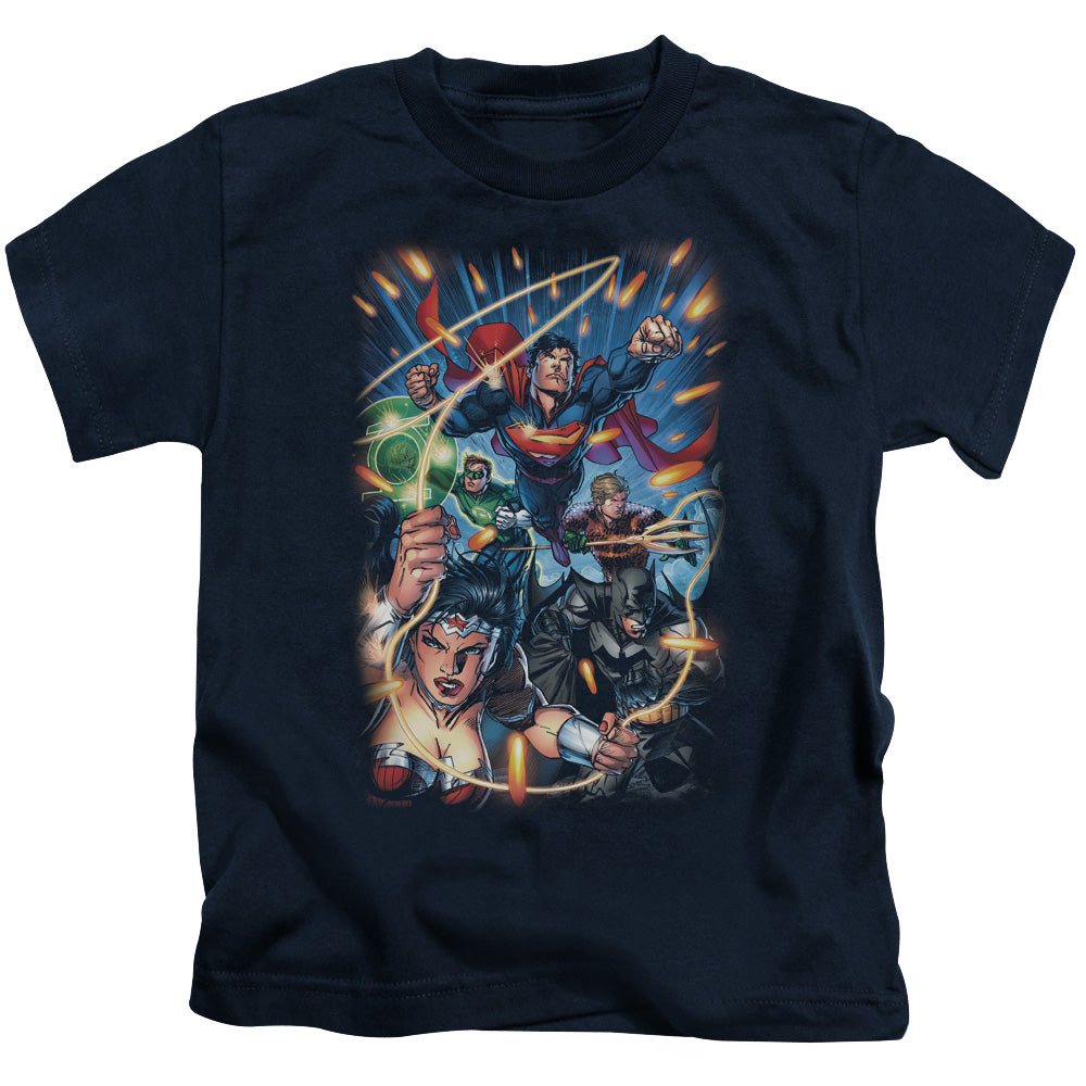 Justice League Under Attack Juvenile Kids Youth T Shirt Navy Blue
