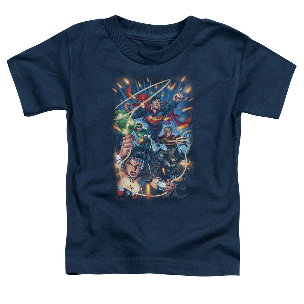 Justice League Under Attack Toddler Kids Youth T Shirt Navy Blue