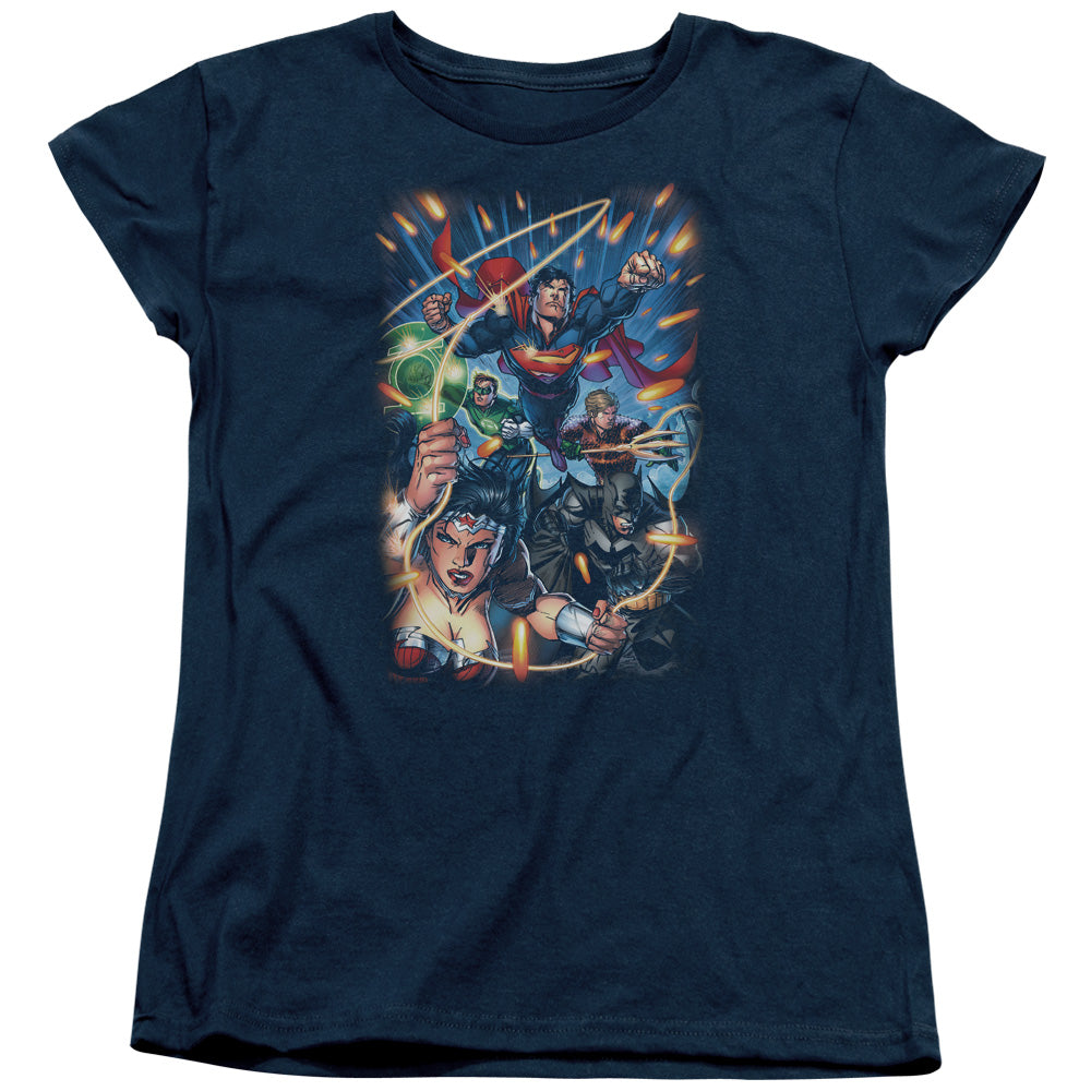 Justice League Under Attack Womens T Shirt Navy Blue