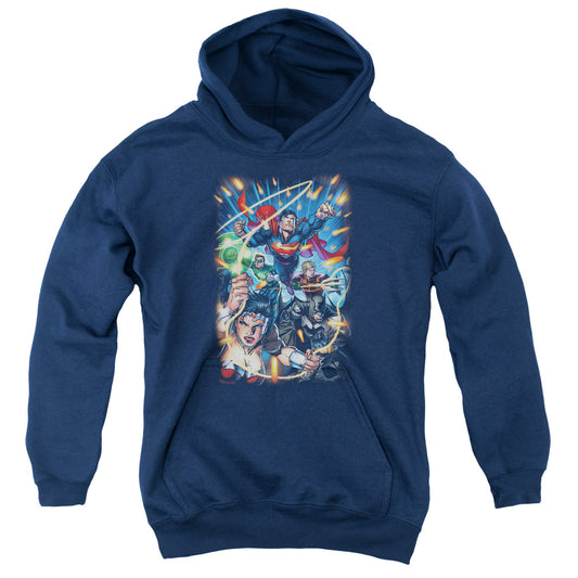 Justice League Under Attack Kids Youth Hoodie Navy Blue