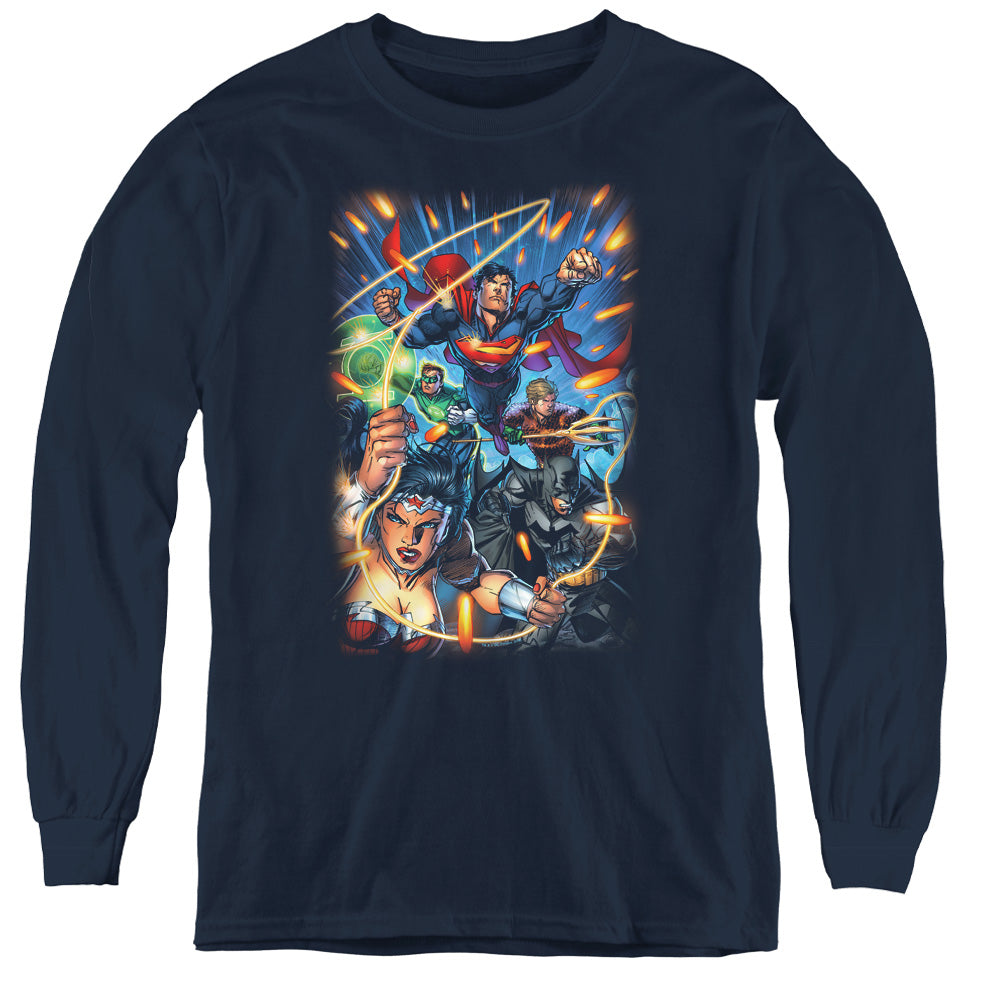 Justice League Under Attack Long Sleeve Kids Youth T Shirt Navy Blue
