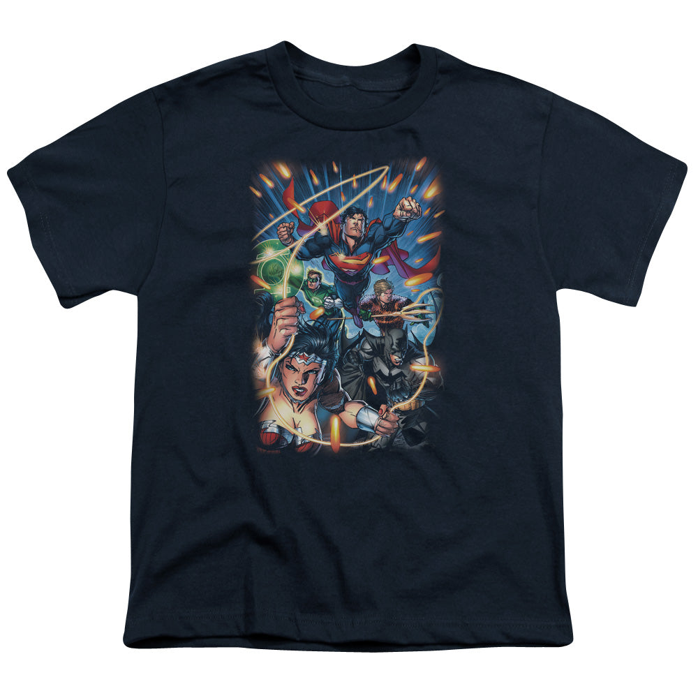 Justice League Under Attack Kids Youth T Shirt Navy Blue