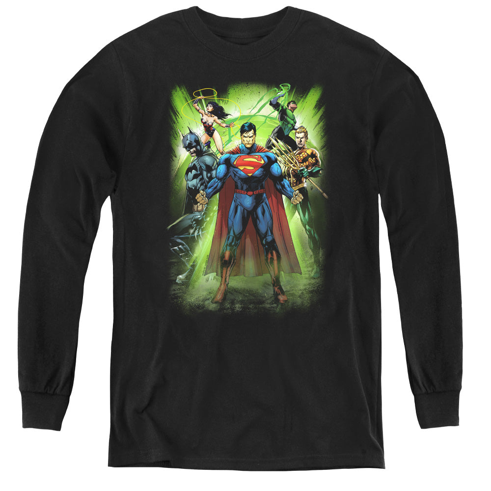 Justice League Power Burst Long Sleeve Kids Youth T Shirt Black