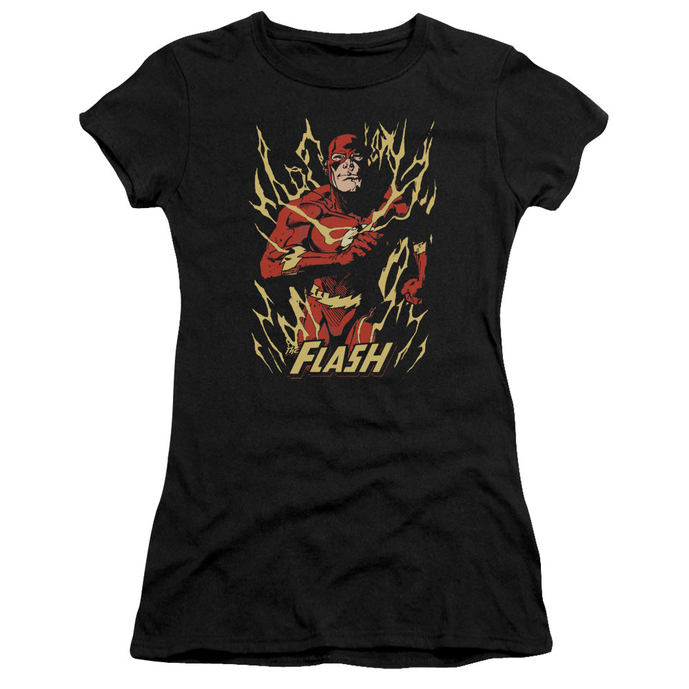 Justice League Flash Flare Junior Sheer Cap Sleeve Womens T Shirt Black