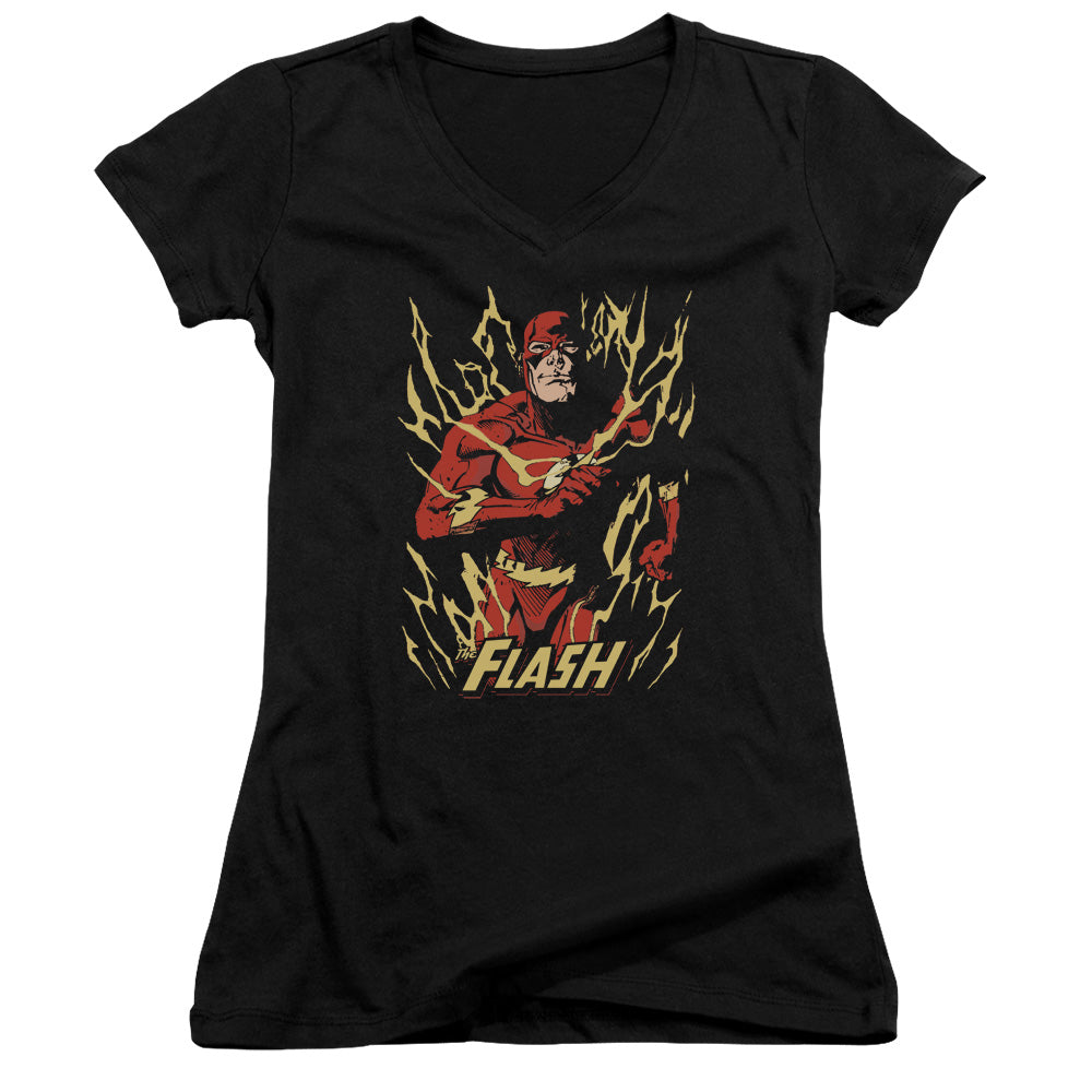 Justice League Flash Flare Junior Sheer Cap Sleeve V-Neck Womens T Shirt Black