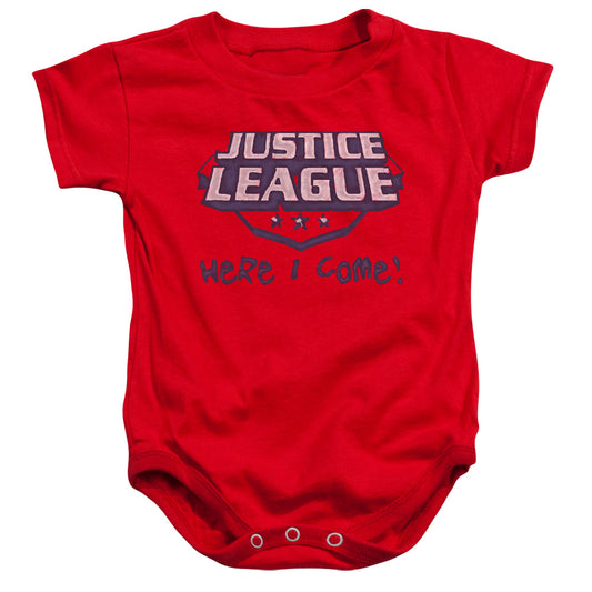 Justice League Here I Come Infant Baby Snapsuit Red