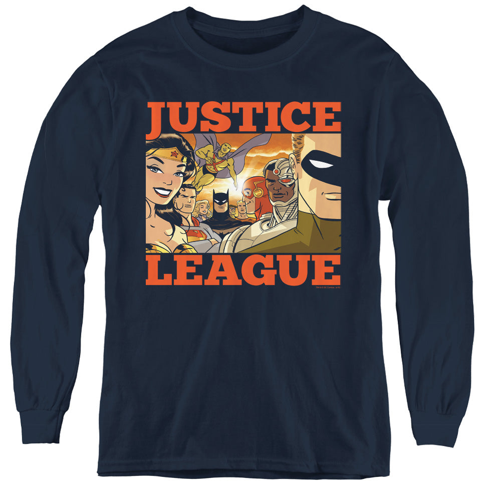Justice League New Dawn Group Long Sleeve Kids Youth T Shirt Navy Blue