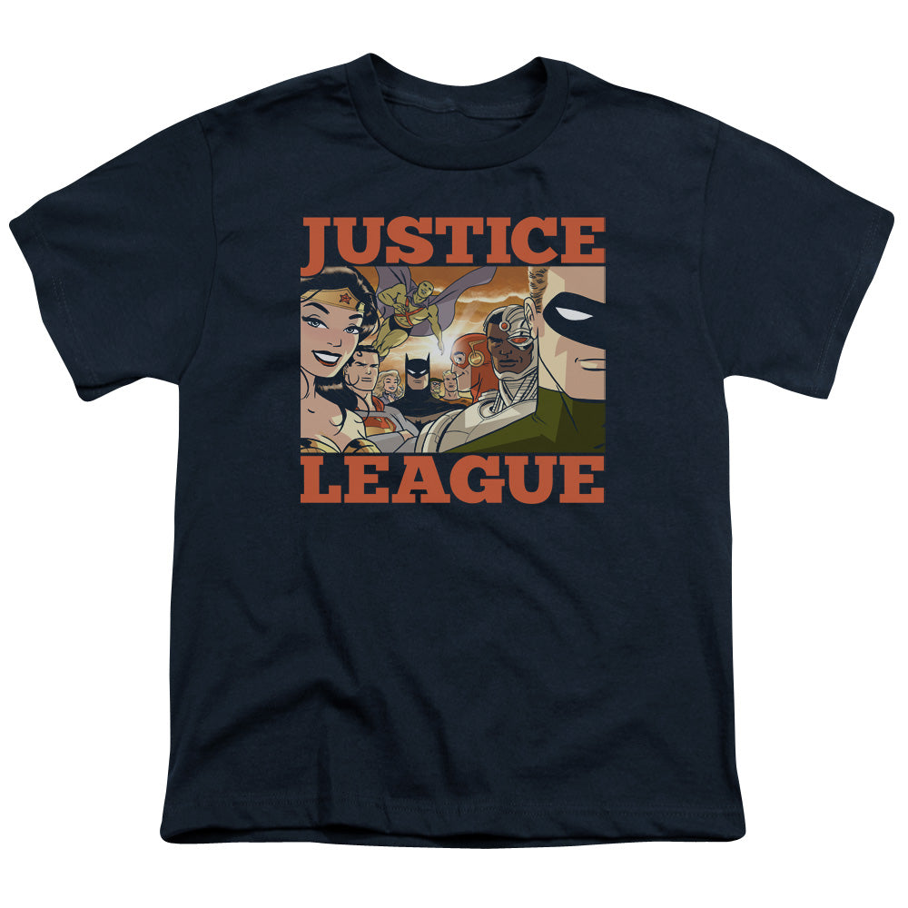 Justice League New Dawn Group Kids Youth T Shirt Navy Blue