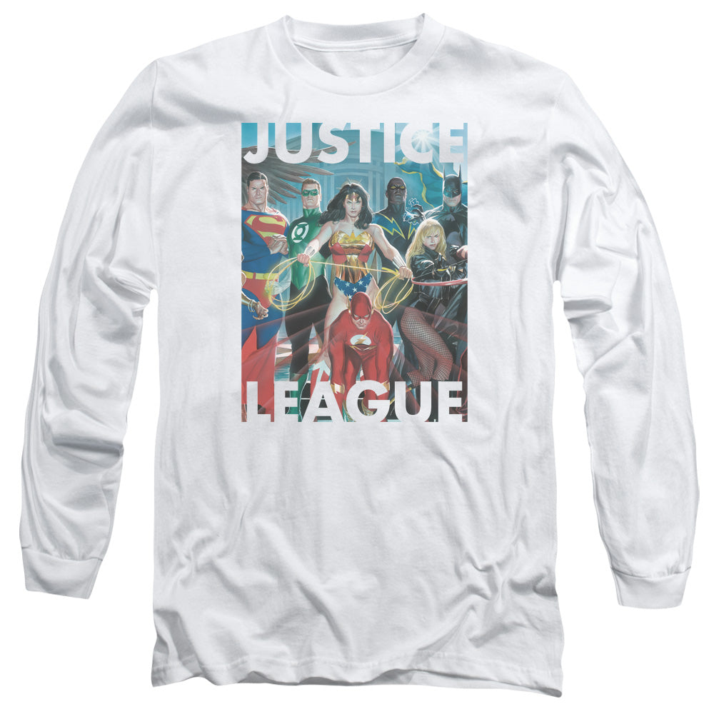 Justice League Hall of Justice Mens Long Sleeve Shirt White