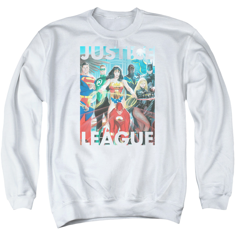 Justice League Hall of Justice Mens Crewneck Sweatshirt White