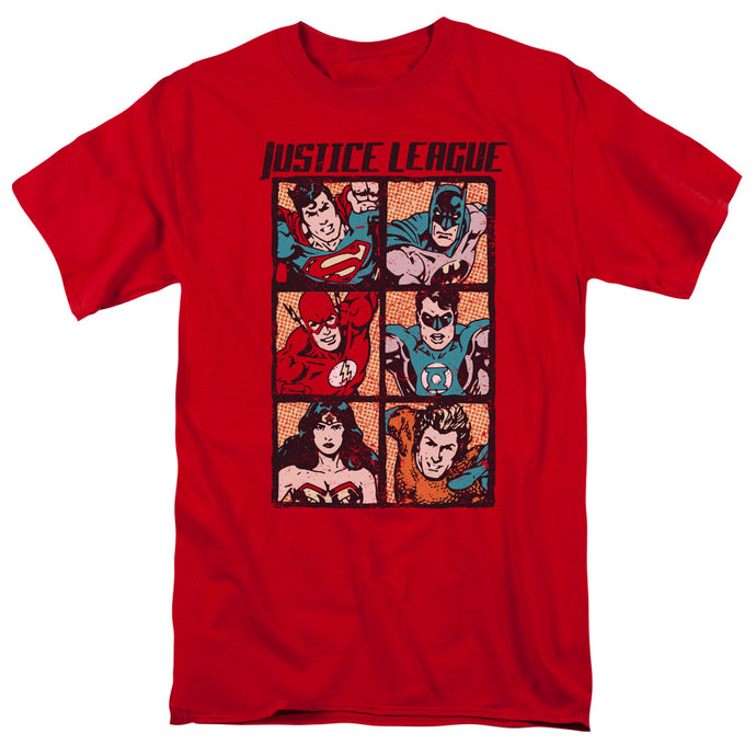 Justice League Rough Panels Mens T Shirt Red