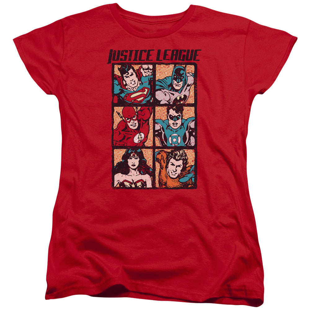 Justice League Rough Panels Womens T Shirt Red