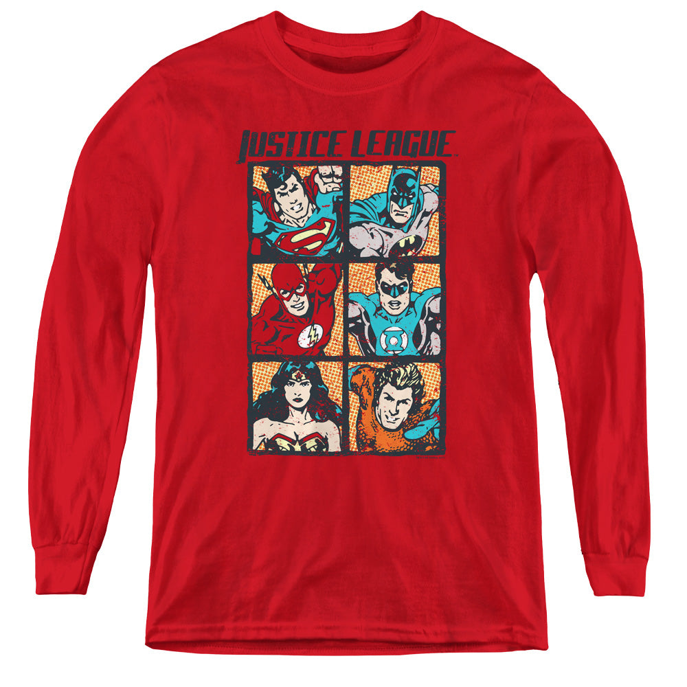 Justice League Rough Panels Long Sleeve Kids Youth T Shirt Red