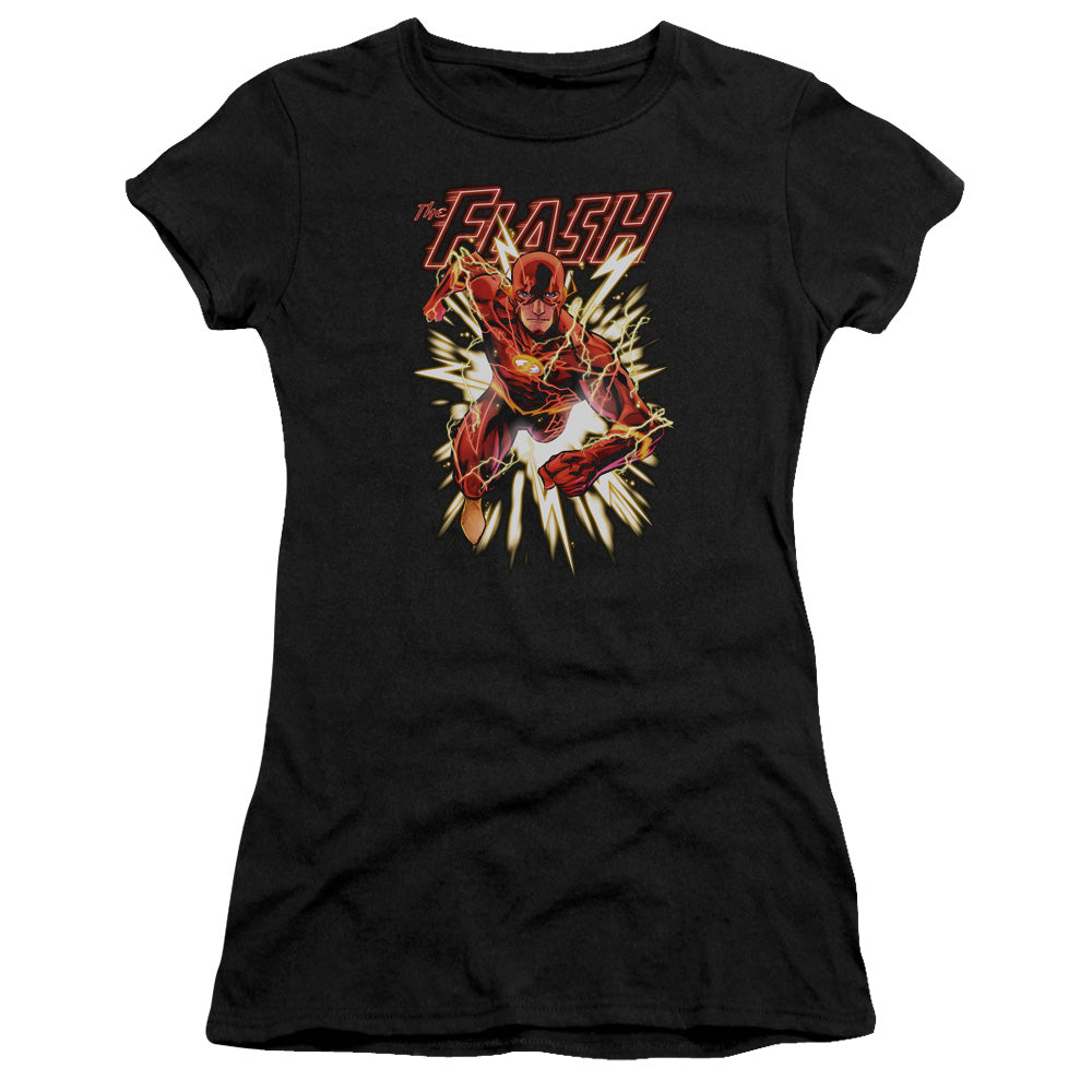 Justice League Flash Glow Junior Sheer Cap Sleeve Womens T Shirt Black