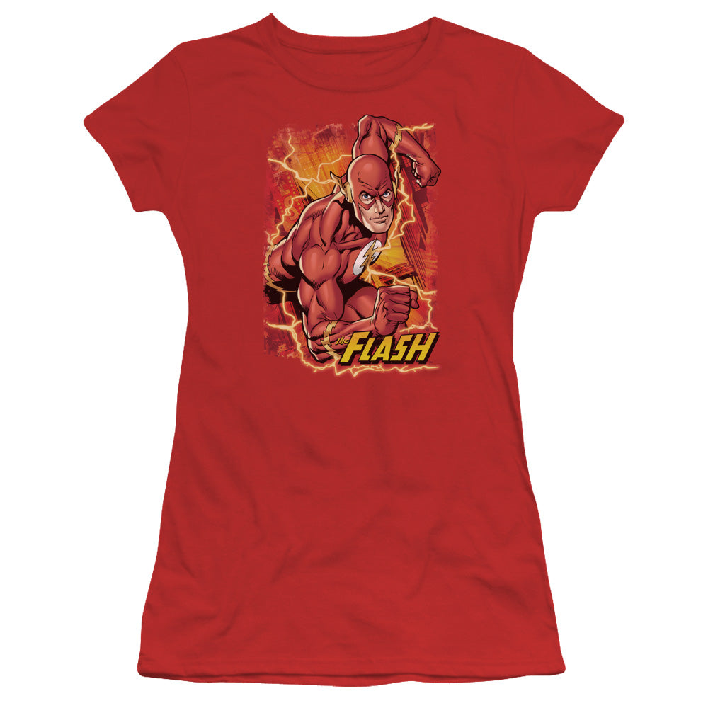 Justice League Flash Lightning Junior Sheer Cap Sleeve Womens T Shirt Red