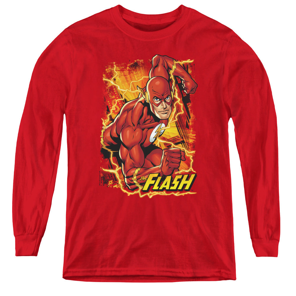 Justice League Flash Lightning Long Sleeve Kids Youth T Shirt Red