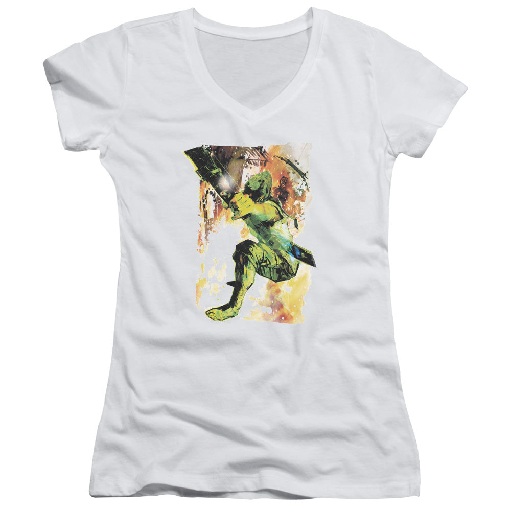 Justice League Painted Archer Junior Sheer Cap Sleeve V-Neck Womens T Shirt White