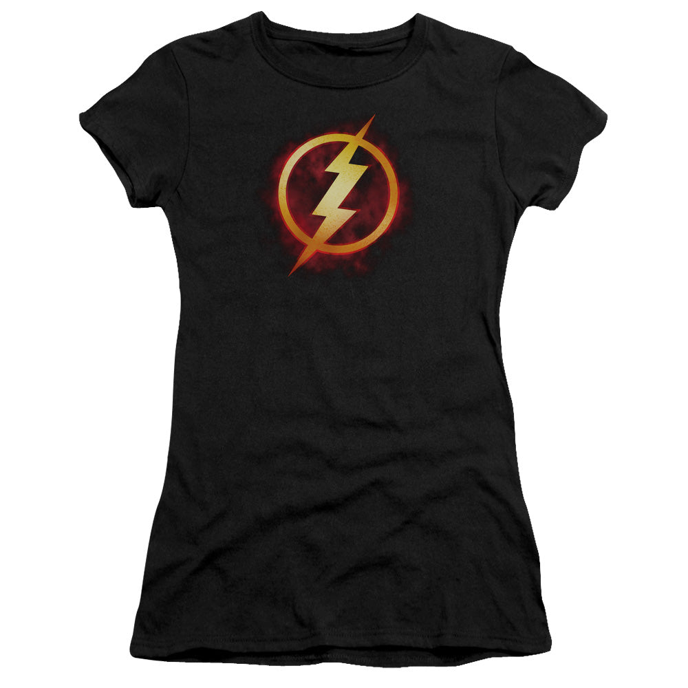 Justice League Flash Title Junior Sheer Cap Sleeve Womens T Shirt Black