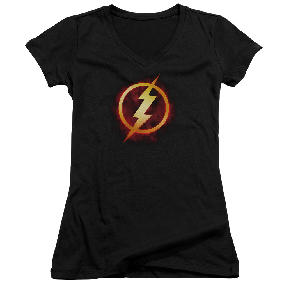 Justice League Flash Title Junior Sheer Cap Sleeve V-Neck Womens T Shirt Black