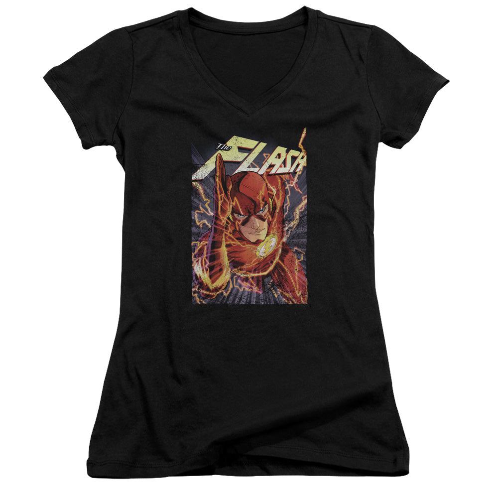 Justice League Flash One Junior Sheer Cap Sleeve V-Neck Womens T Shirt Black