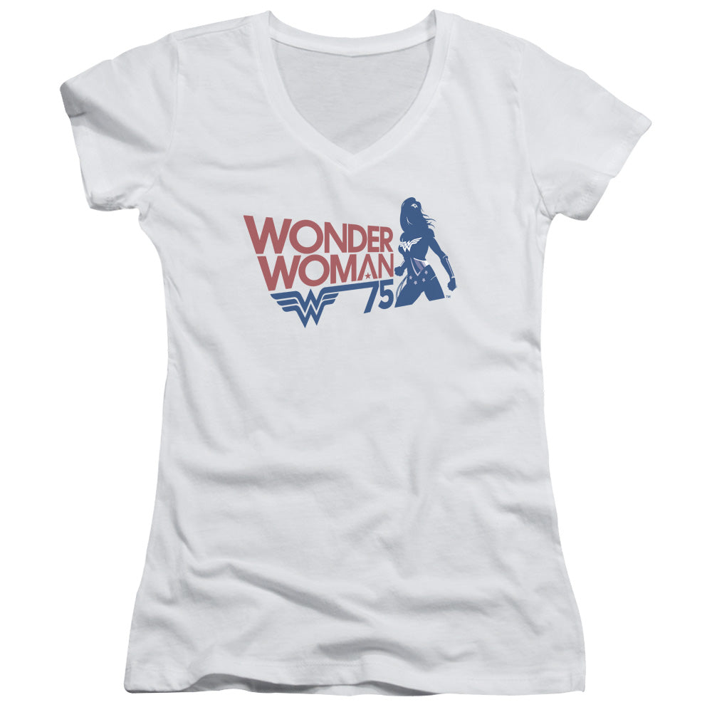 Wonder Woman Ww75 Silhouette Junior Sheer Cap Sleeve V-Neck Womens T Shirt White