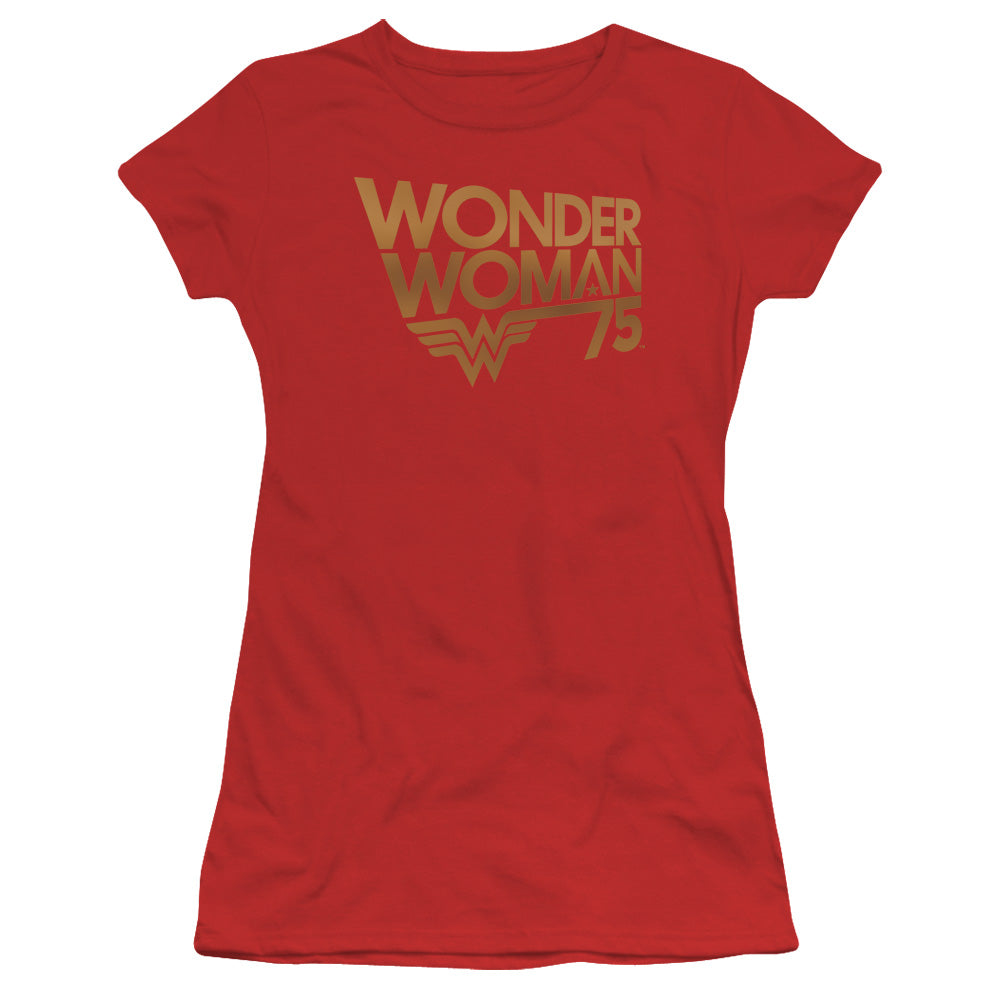 Wonder Woman Wonder Woman 75th Anniversary Gold Logo Junior Sheer Cap Sleeve Womens T Shirt Red