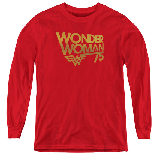 Wonder Woman Wonder Woman 75th Anniversary Gold Logo Long Sleeve Kids Youth T Shirt Red