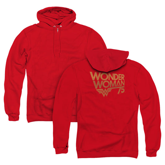 Wonder Woman Wonder Woman 75th Anniversary Gold Logo Back Print Zipper Mens Hoodie Red