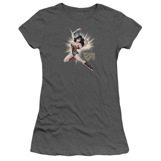 Wonder Woman Ww75 the Bracelets of Submission Junior Sheer Cap Sleeve Womens T Shirt Charcoal