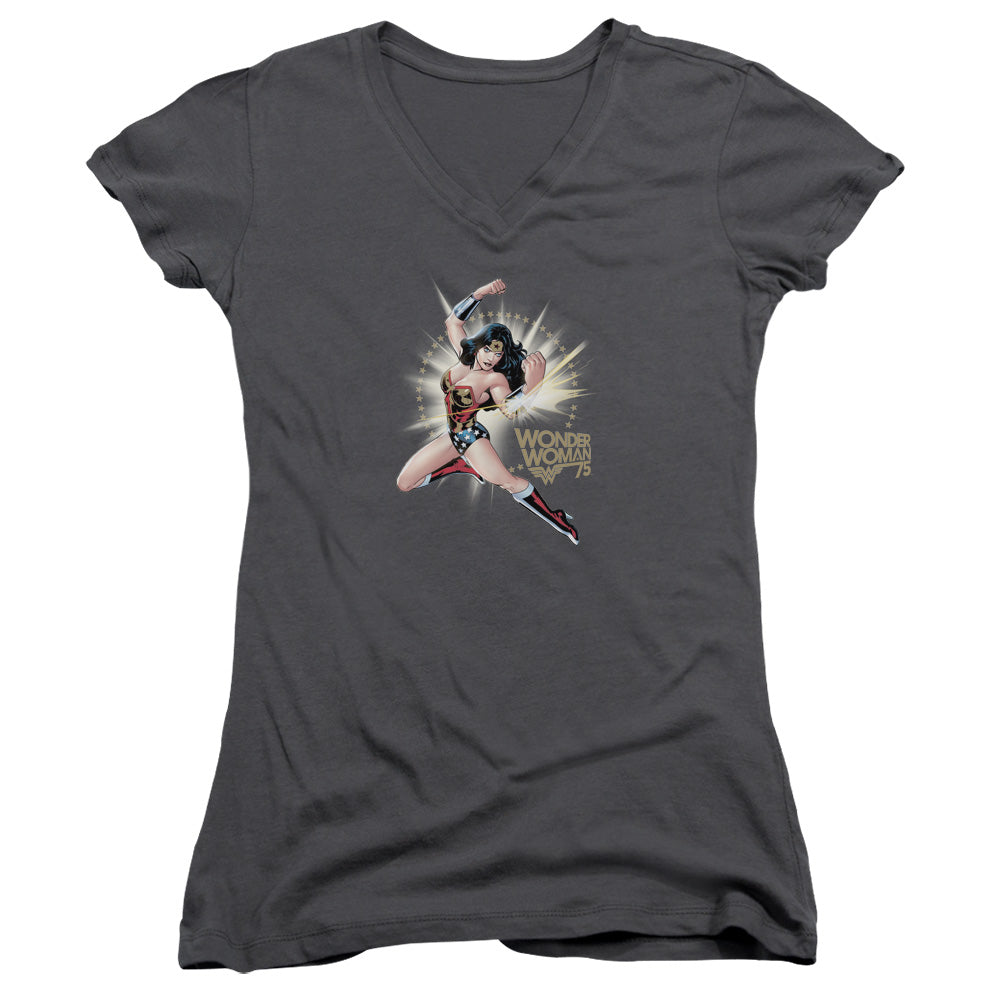 Wonder Woman Ww75 the Bracelets of Submission Junior Sheer Cap Sleeve V-Neck Womens T Shirt Charcoal