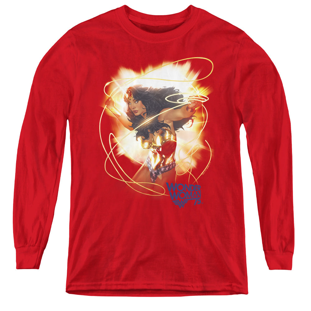 Wonder Woman 75th Burst Long Sleeve Kids Youth T Shirt Red