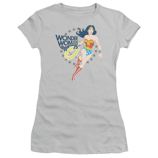 Wonder Woman Simple 75 Junior Sheer Cap Sleeve Womens T Shirt Silver