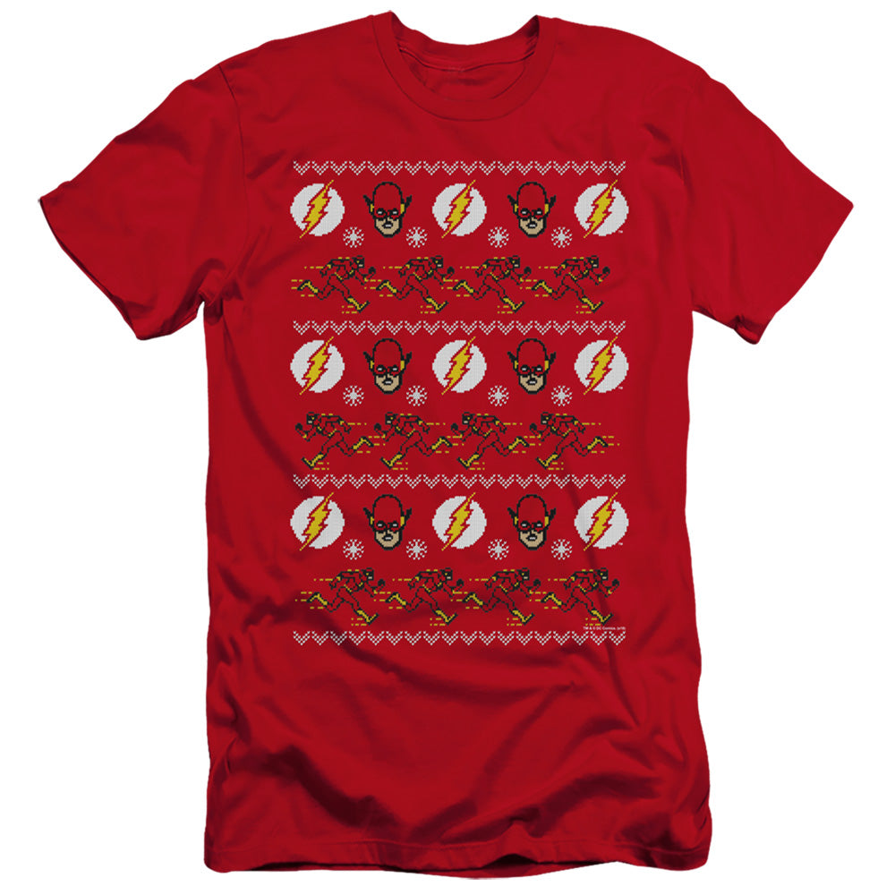 Dc Flash the Flash Ugly Christmas Sweater Premium Bella Canvas Slim Fit Mens T Shirt Red