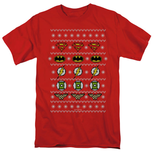 Justice League Justice Shields Christmas Sweater Mens T Shirt Red