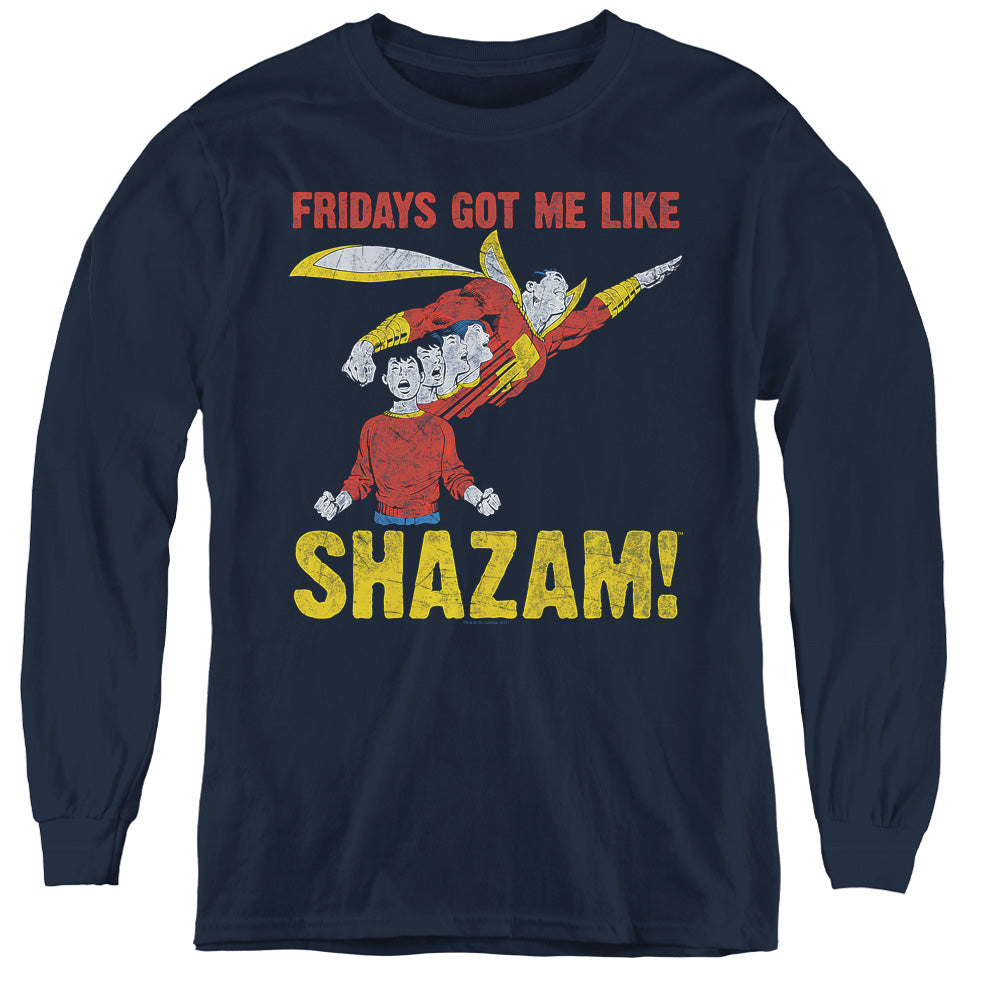 Justice League Fridays Got Me Like Long Sleeve Kids Youth T Shirt Navy Blue