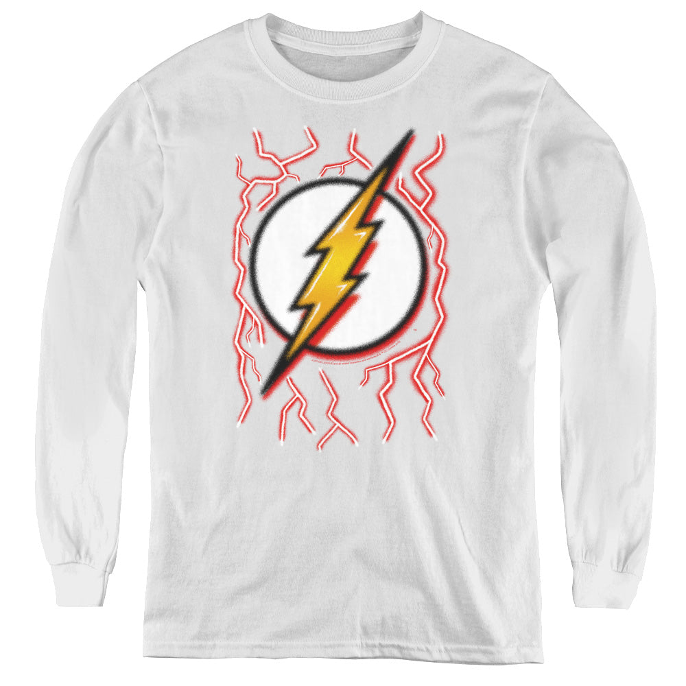 Dc Flash Airbrush Bolt Long Sleeve Kids Youth T Shirt White