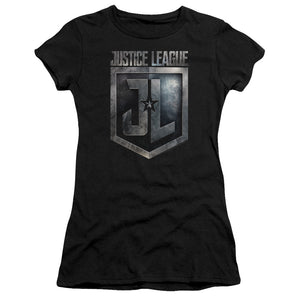 Justice League Movie Shield Logo Junior Sheer Cap Sleeve Womens T Shirt Black
