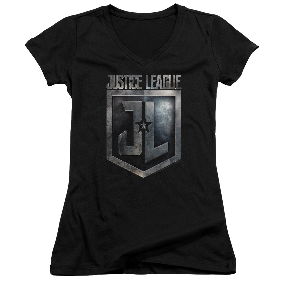 Justice League Movie Shield Logo Junior Sheer Cap Sleeve V-Neck Womens T Shirt Black